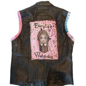 Upcycled Reworked Black Biker Vest Addams Family Wednesday Feature S